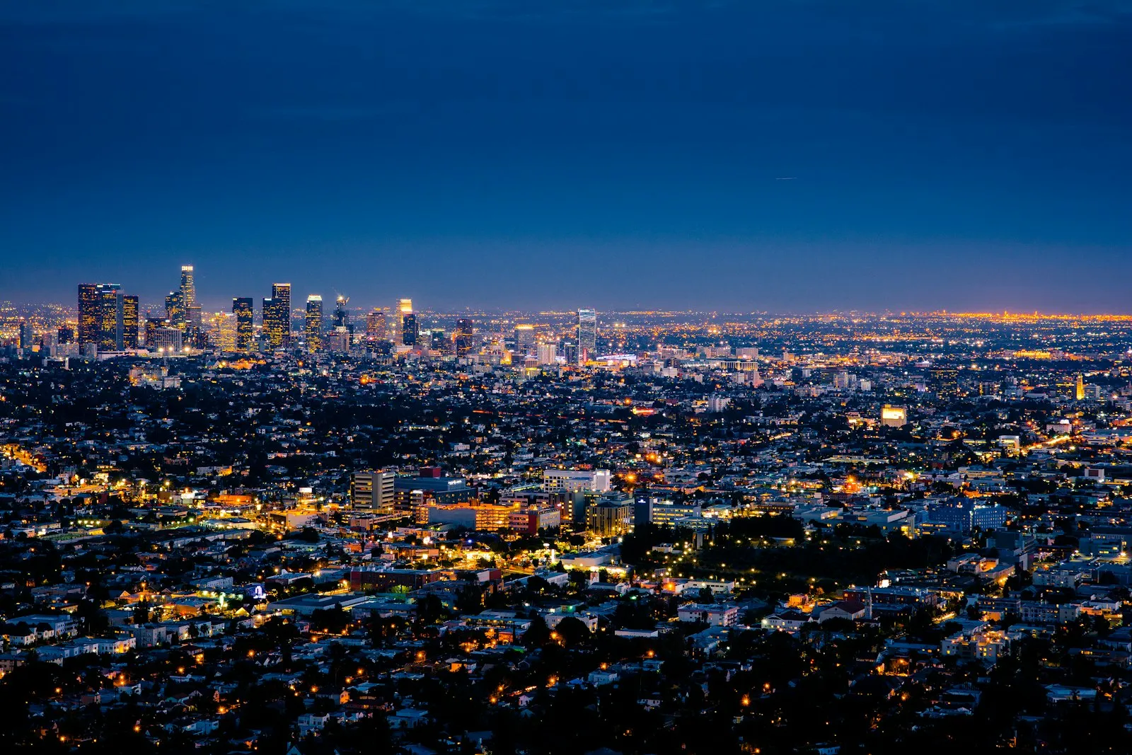 Los Angeles skyline lit up at night under a deep blue sky