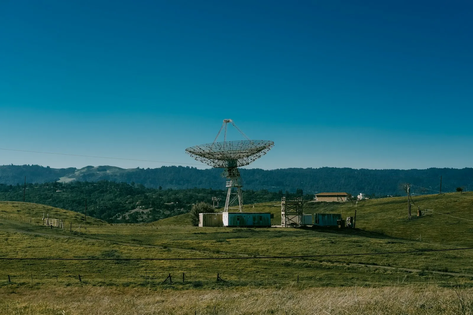 A satellite dish standing in a lush green field