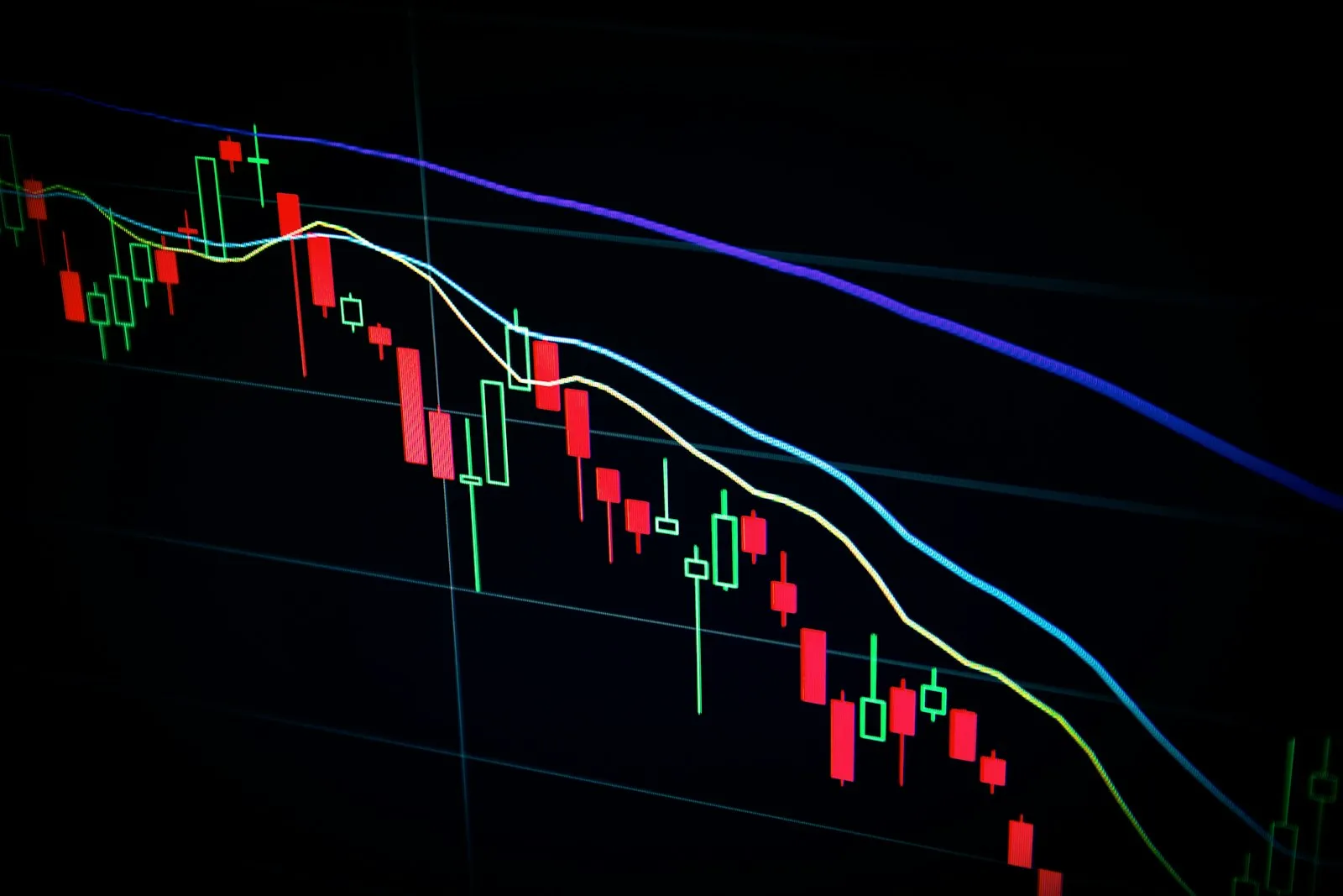 A stock market candlestick chart on a dark screen